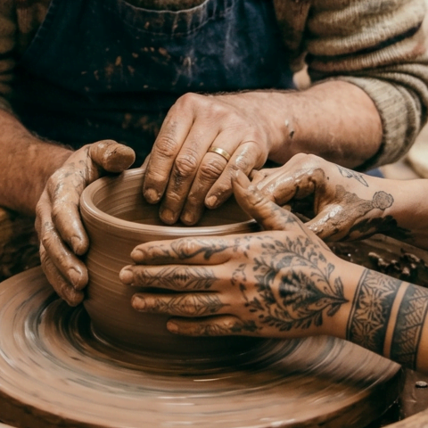 Two pairs of hands shaping a clay pot on a throw wheel. One pair is male hands with a wedding band. The other hands are female and tattooed.
